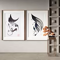 Framed Abstract Ink Paintings On Wall With Small Table And Orange Flowers 3d model