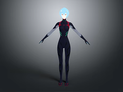 Game Character Light Blue Hair Dark Tight Suit Red Green Accents Standing Arms Outstretched Pose 3d model