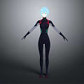 Game Character Light Blue Hair Dark Tight Suit Red Green Accents Standing Arms Outstretched Pose