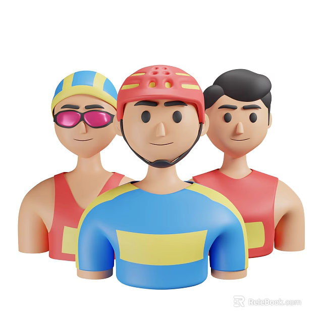 Three Cartoon Men Wearing Sport Vests And Helmets In Active Sports Outfits 3d model 