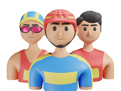 Three Cartoon Men Wearing Sport Vests And Helmets In Active Sports Outfits 3d model