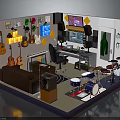 Music Themed Room Interior With Wall Mounted Guitars Drum Set Sofa And Workspace