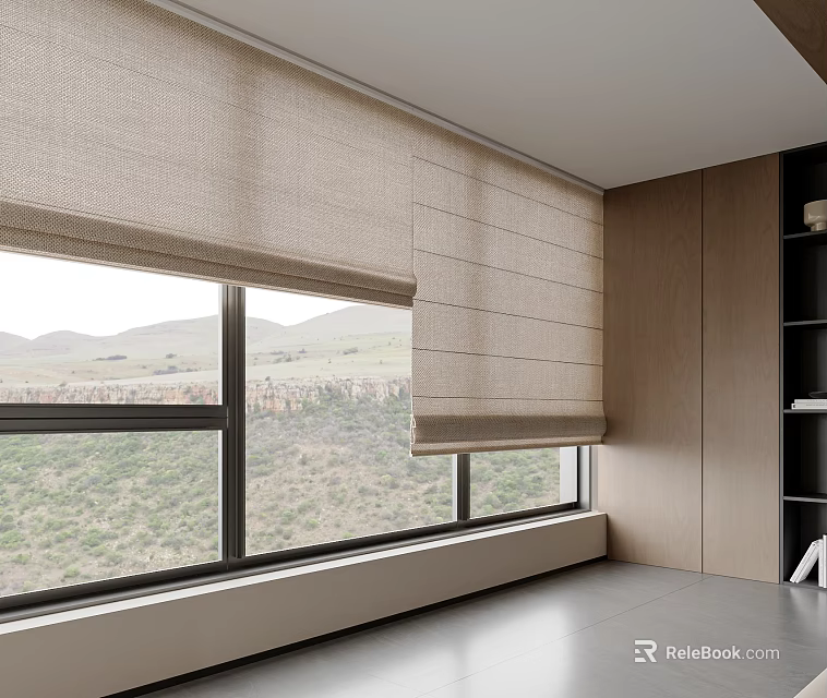 Beige Roller Blinds For Large Windows With Mountain View And Wooden Walls Bookshelves Gray Floor 3d model 