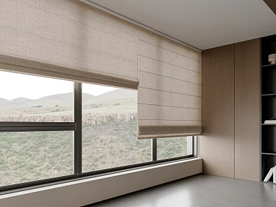 Beige Roller Blinds For Large Windows With Mountain View And Wooden Walls Bookshelves Gray Floor 3d model