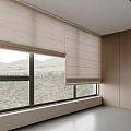 Beige Roller Blinds For Large Windows With Mountain View And Wooden Walls Bookshelves Gray Floor