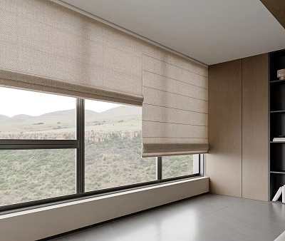 Beige Roller Blinds For Large Windows With Mountain View And Wooden Walls Bookshelves Gray Floor 3d model