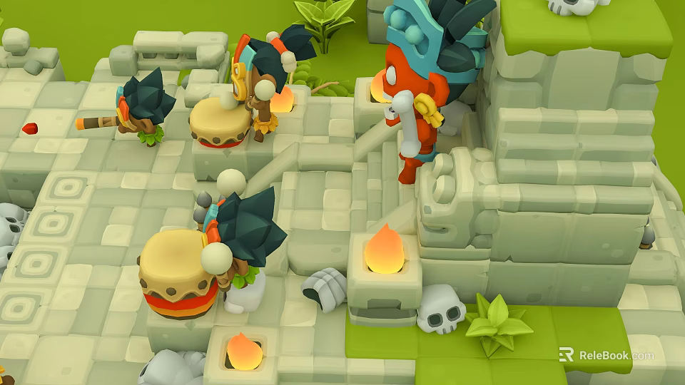 Cartoon Scene With Cartoon Characters Stone Brick Ground Drums Flames Skulls And Green Plants 3d model 