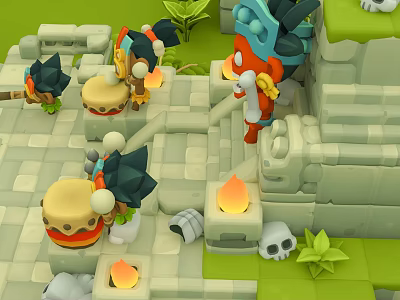 Cartoon Scene With Cartoon Characters Stone Brick Ground Drums Flames Skulls And Green Plants 3d model