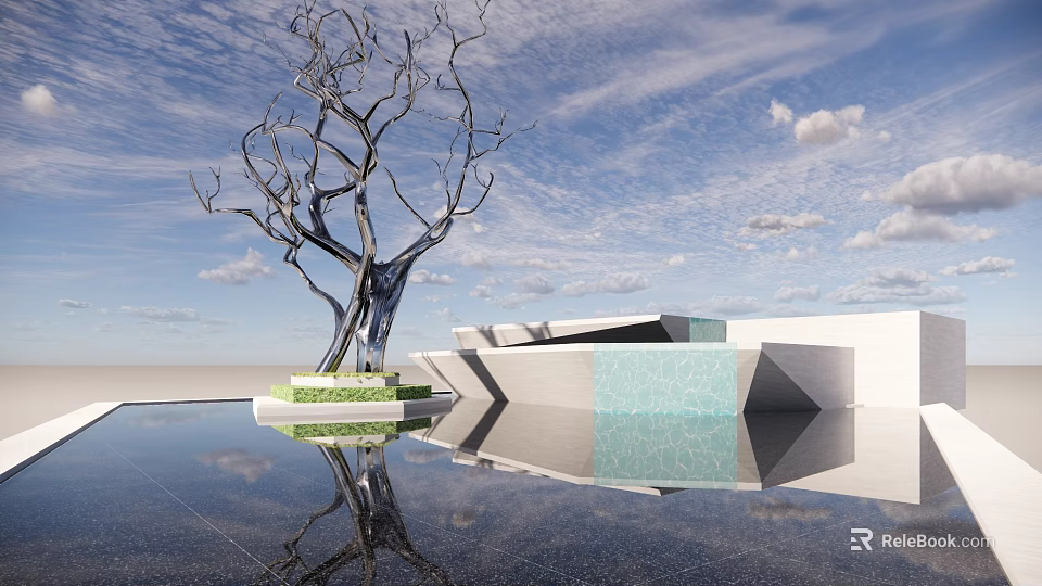 Bare Tree Sculpture With Water Reflection Blue Sky With Clouds Geometric White Buildings Green Base 3d model 
