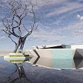Bare Tree Sculpture With Water Reflection Blue Sky With Clouds Geometric White Buildings Green Base