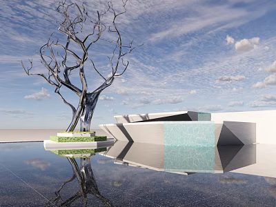 Bare Tree Sculpture With Water Reflection Blue Sky With Clouds Geometric White Buildings Green Base 3d model