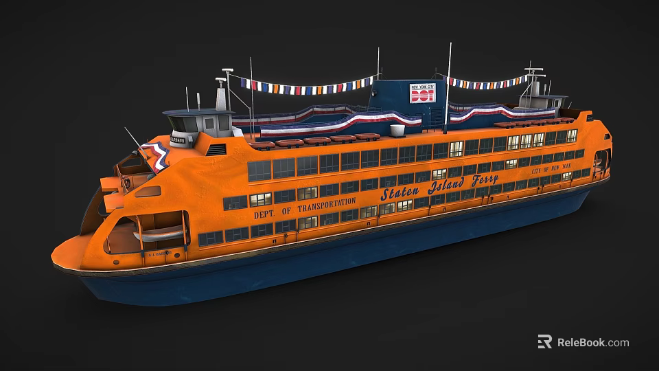Orange Ferry With Decorative Banners And Signage 3d model 