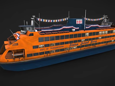 Orange Ferry With Decorative Banners And Signage 3d model