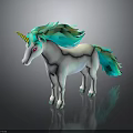 White Unicorn With Turquoise Mane Tail And Yellow Horn Red Eyes On Black Background