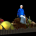 Camping Themed Window Display With Tent Camping Gear Apparel Campfire And Barbecue Grill