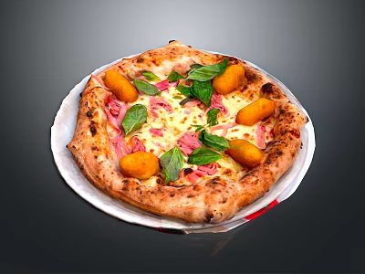Delicious Wood Fired Pizza Topped With Ham Cheese Basil And Arancini 3d model