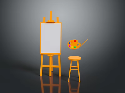 Artistic Orange Easel With White Canvas And Small Stool On Gray Background 3d model