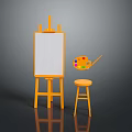 Artistic Orange Easel With White Canvas And Small Stool On Gray Background 3d model
