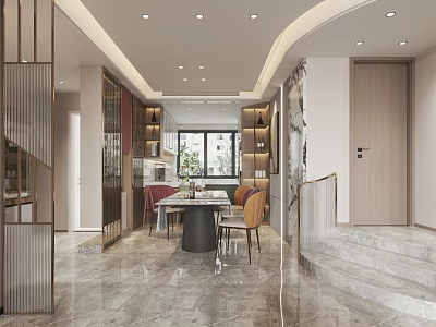Modern Restaurant Interior Design With Open Layout Marble Floor Dining Table And Chairs 3d model