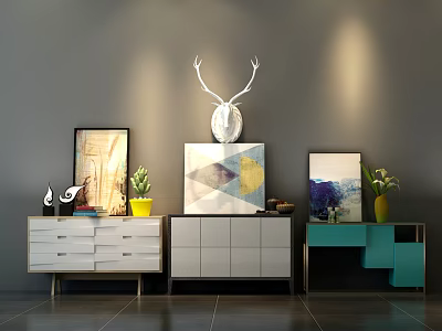 Modern Console And Side Cabinets With Deer Head Decor Green Plants And Picture Frames 3d model