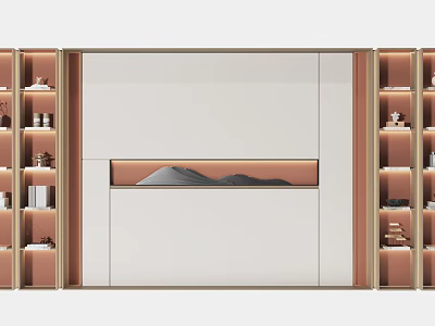 Modern Decorative Cabinet With Open Shelves Displaying Mountain Artwork And Ornaments 3d model