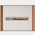 Modern Decorative Cabinet With Open Shelves Displaying Mountain Artwork And Ornaments