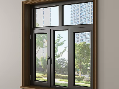 Modern Wooden Frame Window With Double Sash And Trees Buildings View 3d model