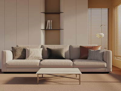 Light Three-Seater Sofa With Mixed Pillows And Wooden Coffee Table In Modern Minimalist Living Room 3d model