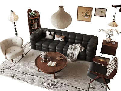 Black Leather Sofa Round Wooden Coffee Table Set with Area Rug Decorative Paintings Floor Lamp 3d model