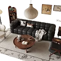 Black Leather Sofa Round Wooden Coffee Table Set with Area Rug Decorative Paintings Floor Lamp