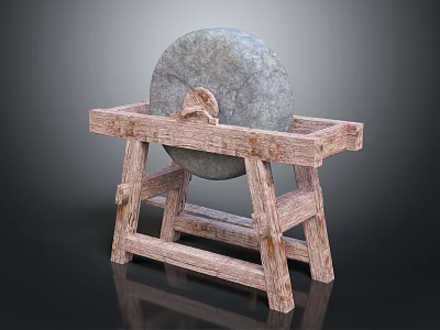 Traditional Stone Mill Placed on Handcrafted Rustic Wooden Stand with Vintage Design 3d model