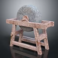 Traditional Stone Mill Placed on Handcrafted Rustic Wooden Stand with Vintage Design