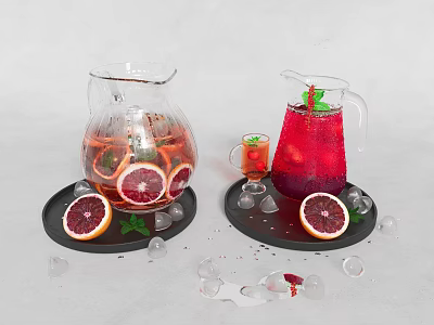 Refreshing Blood Orange Beverages in Glass Pitchers with Mint and Ice Cubes 3d model