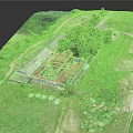 Aerial View of Ancient Architecture with Red Roof Surrounded by Green Grass and Trees