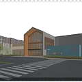 Modern School Building Exterior With Glass Windows Blue White Facade Greenery And Street Crosswalk