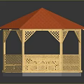 Wooden Gazebo Building With Red Shingled Roof And Latticed Railings Outdoor Design