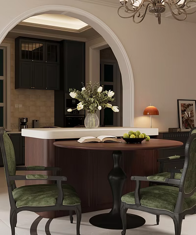 Elegant Restaurant Interior With Round Wooden Table Green Chairs White Tulips Vase And Open Book 3d model