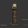 Brass Candle Lamp With Carved Column Design Surrounded By Red Match Heads On Dark Background