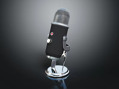 Retro Microphone With Metal Mesh Grille Black Body Red Button And Silver Stand 3d model