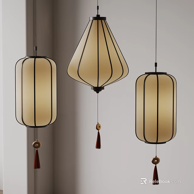 Three Chinese Style Lantern Shaped Beige Pendant Lights With Black Frame And Tassel Decoration 3d model 