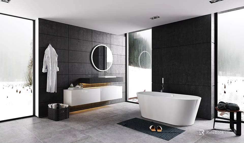Modern Bathroom With Dark Gray Walls Round Mirror And White Bathtub 3d model 
