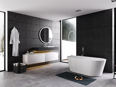 Modern Bathroom With Dark Gray Walls Round Mirror And White Bathtub 3d model