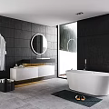 Modern Bathroom With Dark Gray Walls Round Mirror And White Bathtub