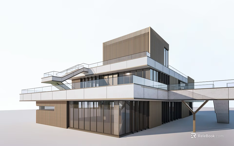 Modern Office Building Exterior Design With Large Glass Windows And Layered Balconies 3d model 
