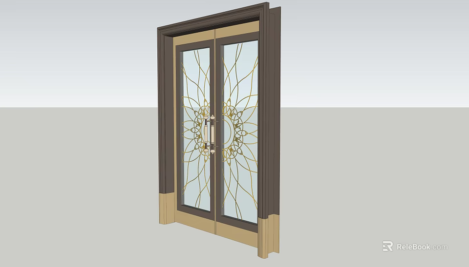 Elegant Double Doors With Decorative Glass Panels Brass Handles And Dark Frame 3d model 