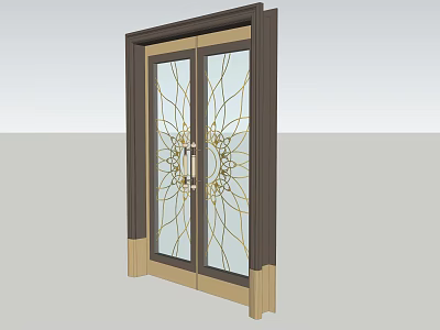 Elegant Double Doors With Decorative Glass Panels Brass Handles And Dark Frame 3d model
