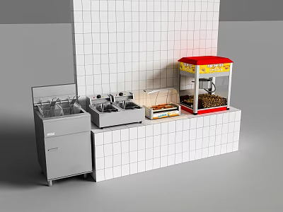 Commercial Kitchen Setup With Fryer Stove Top Popcorn Machine And White Tiled Wall 3d model