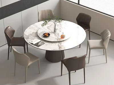 Round Marble Top Dining Table Set With Six Modern Chairs In Beige And Dark Brown 3d model