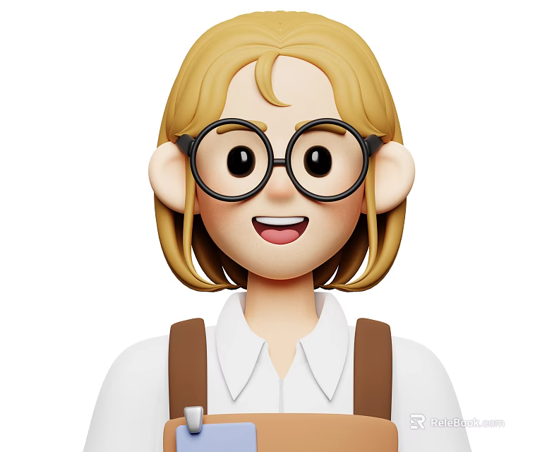 Blonde Woman With Short Hair And Black Framed Glasses Wearing White Shirt And Brown Overalls 3d model 