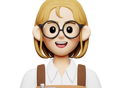 Blonde Woman With Short Hair And Black Framed Glasses Wearing White Shirt And Brown Overalls 3d model